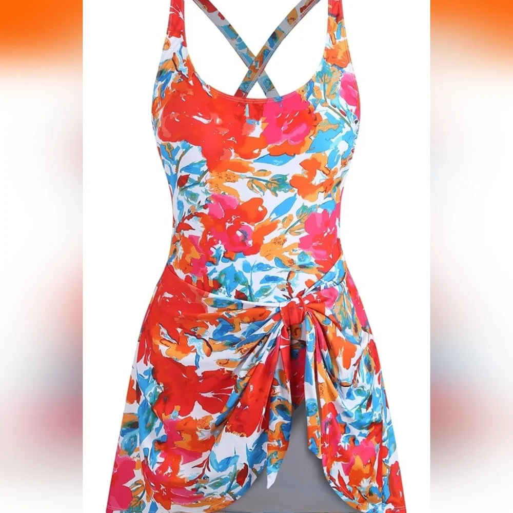 Zaful Floral One Piece Swimsuit - Red and Blue